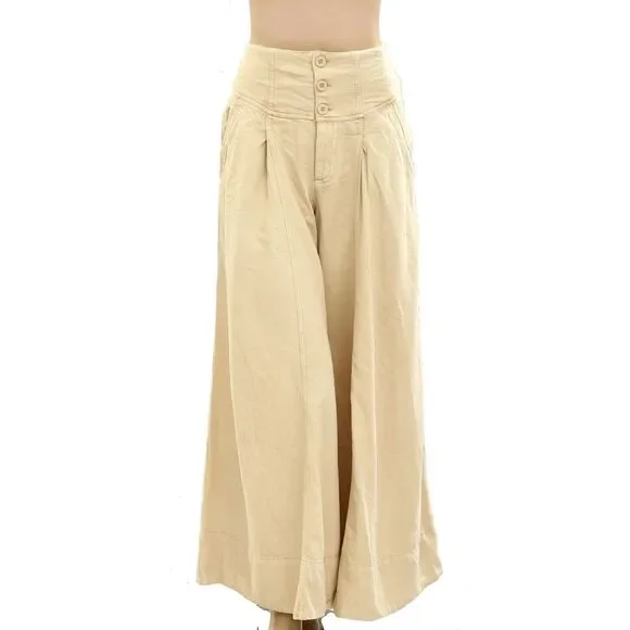 Free People Maxed Out Wide-Leg Trousers Pants Mid-Rise Pleated Beige S-6 278386